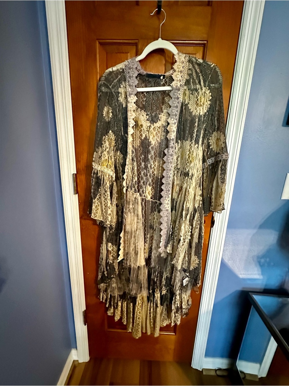 Sheer Lace Overlay Kimono in Black and Cream